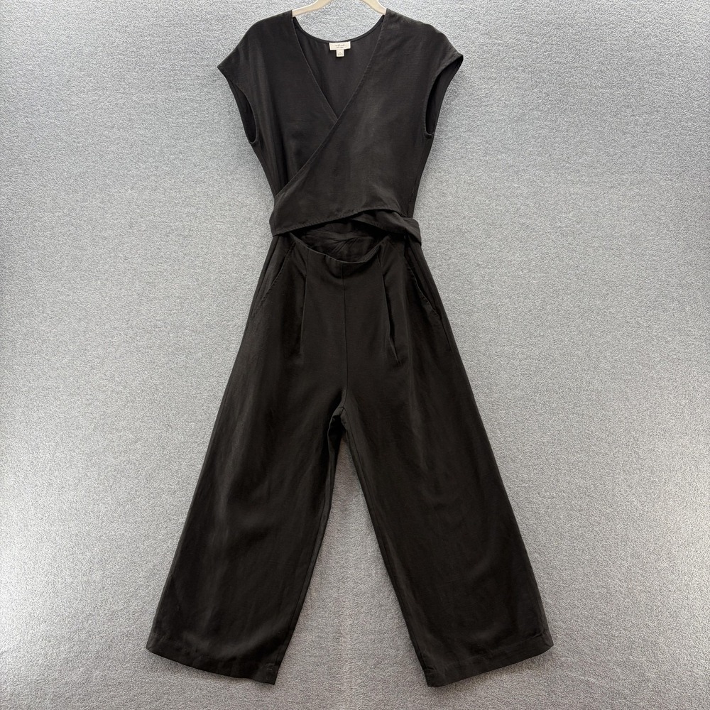 Wilfred Jumpsuit Womens 0 Black Brax Wrap Front Cutout Cropped Wide Leg Linen
